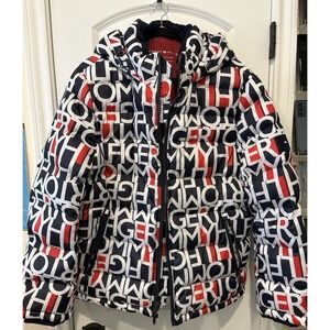 Tommy Hilfiger Men's Logo Puffer Jacket Size M Red Navy White Hooded